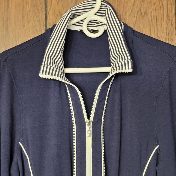 Bylyse Women XL Nautical Jacket – Navy & White Bamboo Blend Two-Way Zip Stretch - Picture 2 of 12